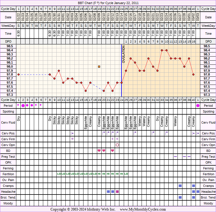 Fertility Chart for cycle Jan 22, 2011, chart owner tags: Fertility Monitor, Over Weight