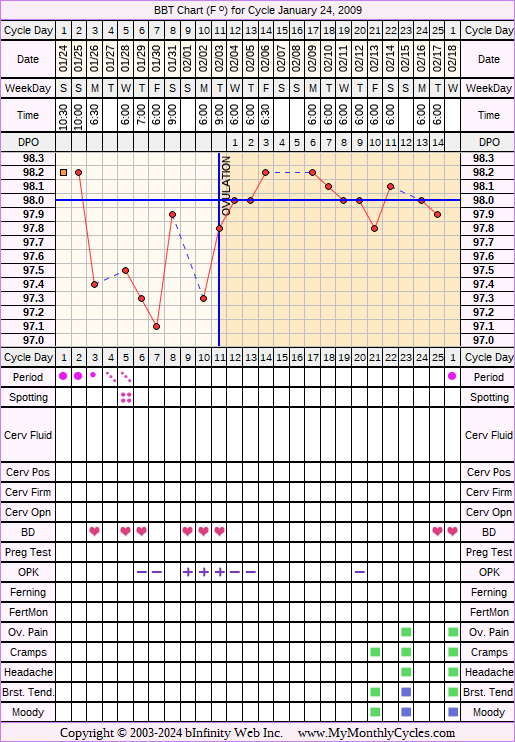 Fertility Chart for cycle Jan 24, 2009, chart owner tags: BFN (Not Pregnant), Ovulation Prediction Kits