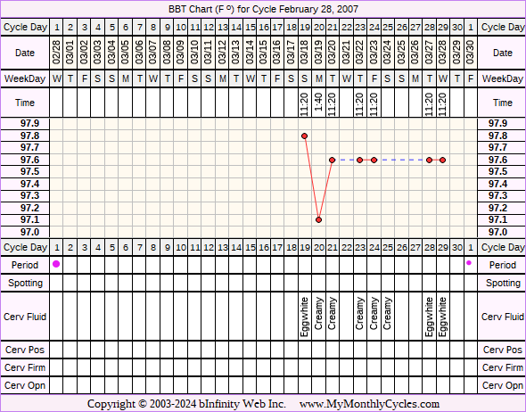 Fertility Chart for cycle Feb 28, 2007, chart owner tags: BFN (Not Pregnant), BFP (Pregnant), Biphasic, Endometriosis, Fertility Monitor, Infection