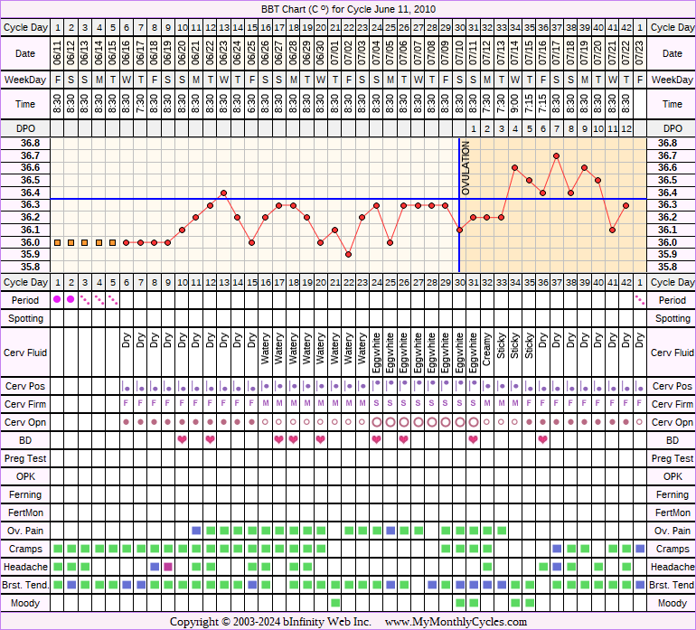 Fertility Chart for cycle Jun 11, 2010, chart owner tags: Biphasic, Fertility Monitor, Over Weight