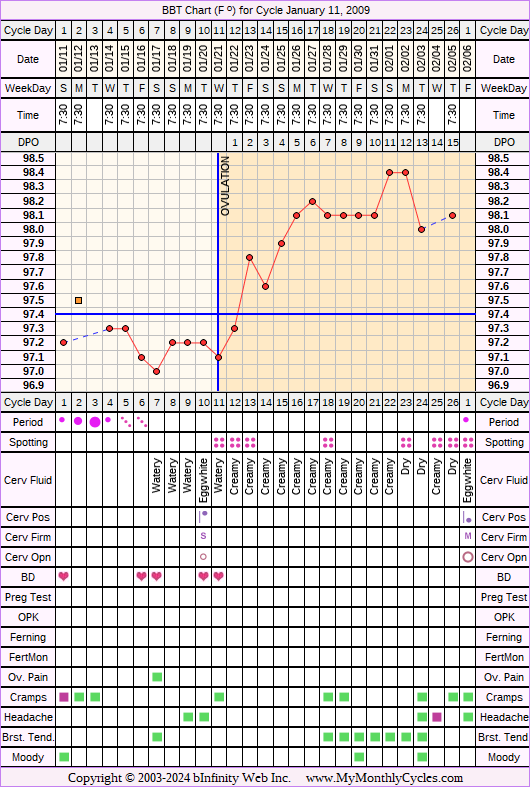 Fertility Chart for cycle Jan 11, 2009, chart owner tags: BFN (Not Pregnant), Biphasic, Triphasic