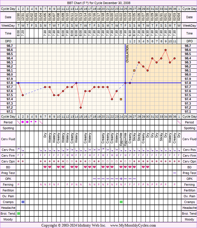 Fertility Chart for cycle Dec 30, 2008, chart owner tags: BFN (Not Pregnant), Herbal Fertility Supplement, Under Weight