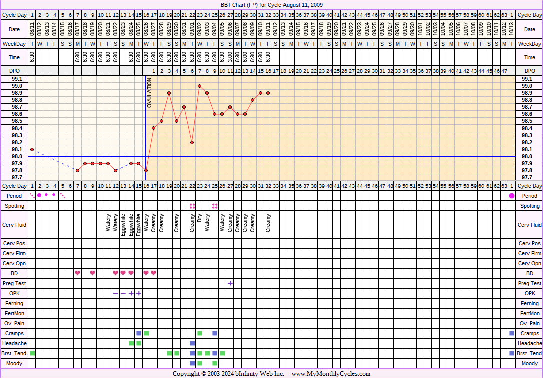 Fertility Chart for cycle Aug 11, 2009, chart owner tags: BFP (Pregnant), Stress Cycle