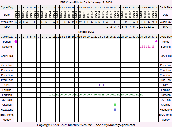 Fertility Chart for cycle Jan 13, 2008, chart owner tags: Fertility Monitor, Ovulation Prediction Kits