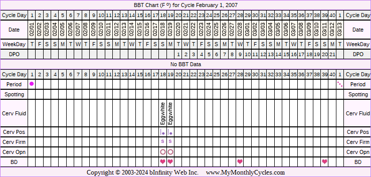 Fertility Chart for cycle Feb 1, 2007, chart owner tags: BFP (Pregnant), Miscarriage