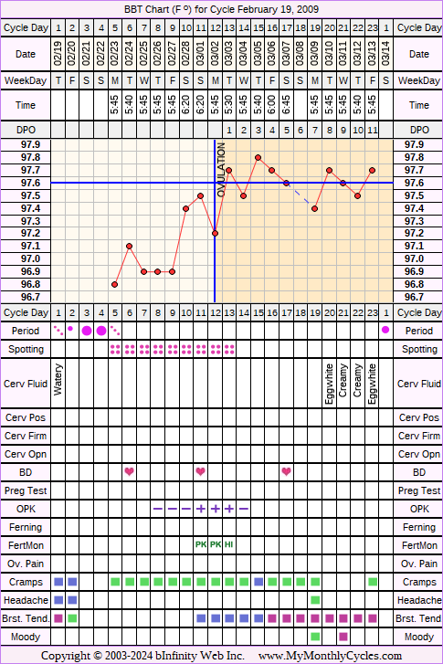 Fertility Chart for cycle Feb 19, 2009, chart owner tags: BFN (Not Pregnant), Fertility Monitor, Herbal Fertility Supplement, Ovulation Prediction Kits, Uterine Fibroids