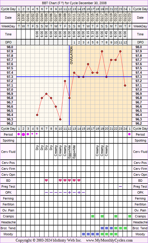 Fertility Chart for cycle Dec 30, 2008, chart owner tags: BFN (Not Pregnant), Ovulation Prediction Kits, Over Weight