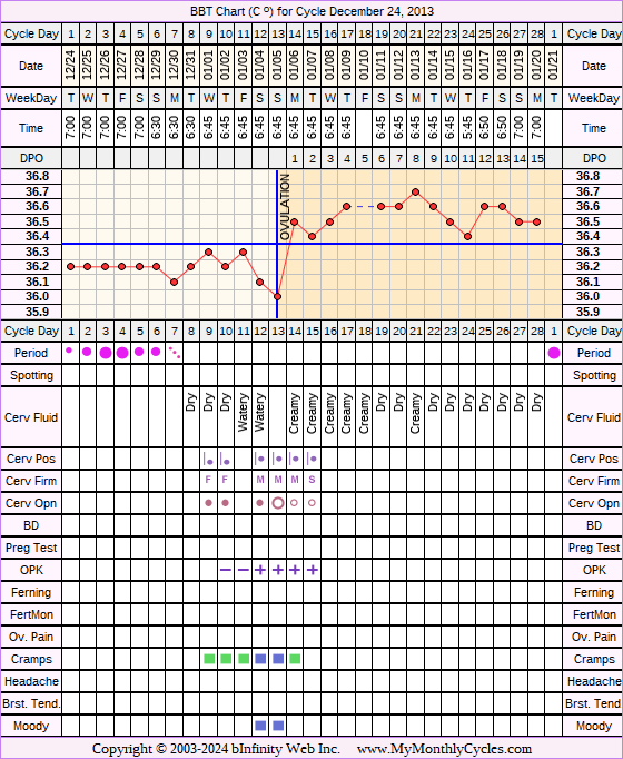 Fertility Chart for cycle Dec 24, 2013, chart owner tags: Biphasic, Fertility Monitor, Ovulation Prediction Kits