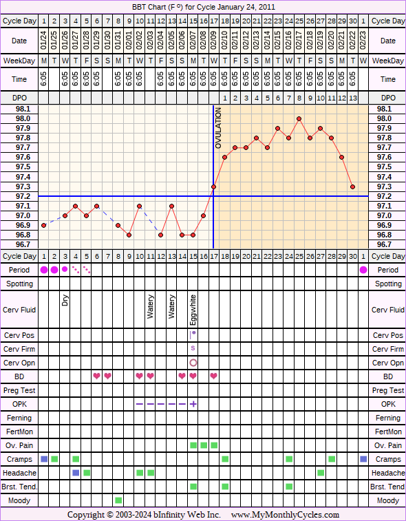Fertility Chart for cycle Jan 24, 2011, chart owner tags: Biphasic