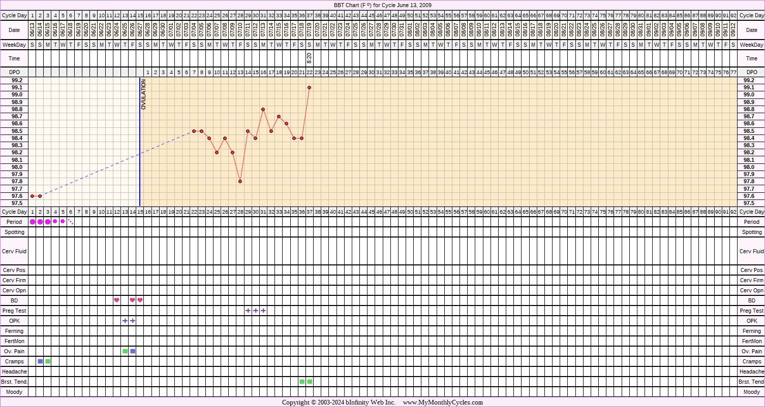 Fertility Chart for cycle Jun 13, 2009, chart owner tags: BFP (Pregnant), Endometriosis