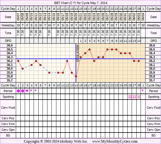 Fertility Chart for cycle May 7, 2014, chart owner tags: Biphasic, Hypothyroidism, Over Weight