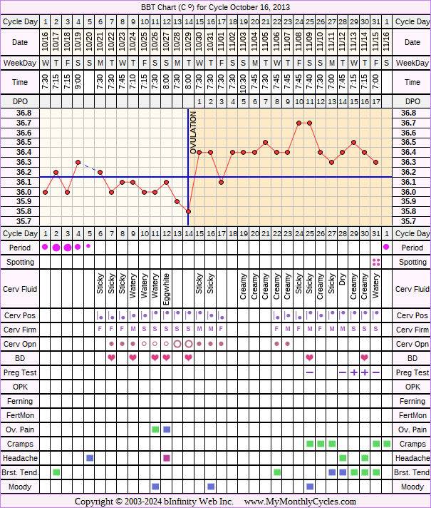 Fertility Chart for cycle Oct 16, 2013, chart owner tags: Biphasic, Hypothyroidism, Long Luteal Phase, Over Weight